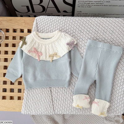 SG0099 SET LEN ÁO CỔ PETER PAN GẮN NƠ PHỐI QUẦN