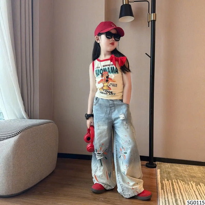 SG0115 SET ÁO SÁT NÁCH MIX JEANS SUÔNG IN HÌNH