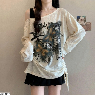 AM0177 ÁO THUN TAY DÀI HỞ VAI HỌA TIẾT BƯỚM