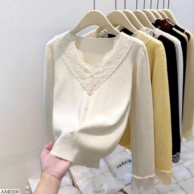 AM0200 ÁO LEN CỔ V PHỐI REN NỮ