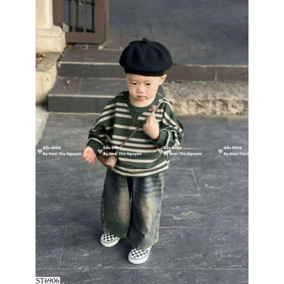 ST6906 SET ÁO NỈ KẺ MIX QUẦN JEAN BT
