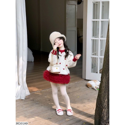 SG0189 SET ÁO LEN CHẤM BI PHỐI CHÂN VÁY XÙ ĐỎ BG