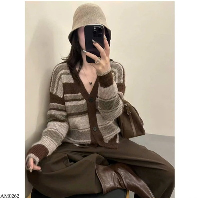 AM0262 ÁO LEN CARDIGAN KẺ INBLUE