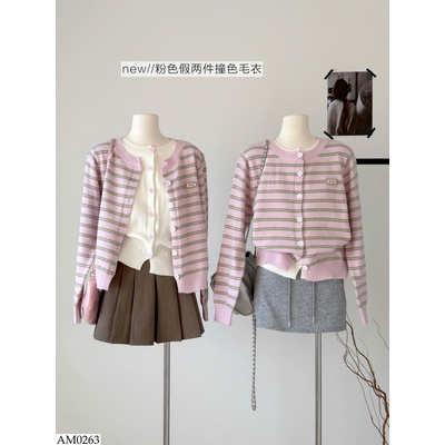 AM0263 ÁO CARDIGAN LEN KẺ GIẢ 2 MẢNH