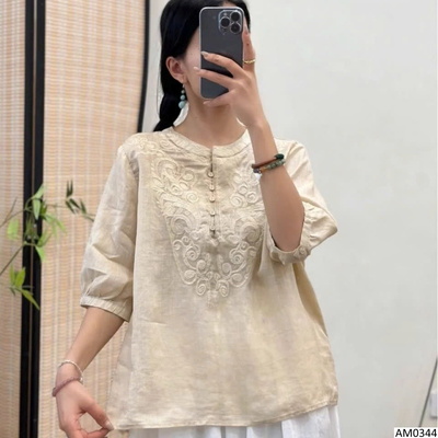 AM0344 ÁO SƠ MI THÊU CỔ TÀU TAY LỠ