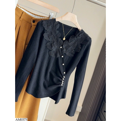 AM0375 ÁO LEN CỔ TIM NHÚN EO PHỐI REN