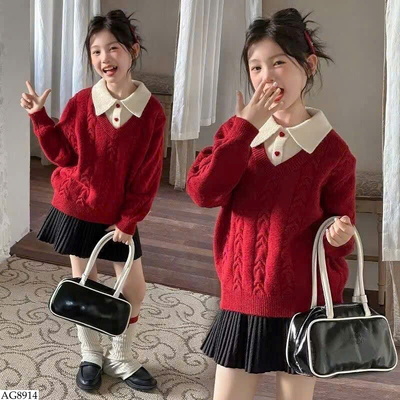 AG8914 ÁO LEN ĐỎ PHỐI CỔ POLO