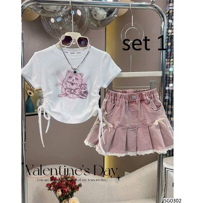 SG0302 SET ÁO THUN RÚT EO MIX CVAY JEAN ĐÍNH NƠ BG