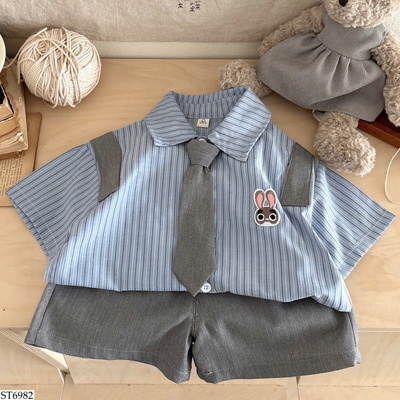 ST6982 SET ÁO SƠ MI KẺ THỎ MIX QUẦN SHORT