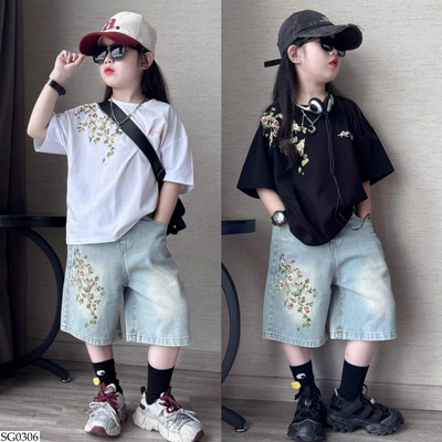 SG0306 SET ÁO PHÔNG MIX SHORT JEAN HỌA TIẾT BG