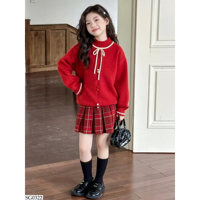 SG0322 SET ÁO LEN ĐỎ MIX CV KẺ CARO
