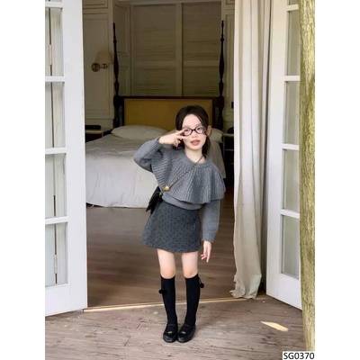 SG0370 SET ÁO LEN CHOÀNG MIX CHÂN VÁY CHẤM BI