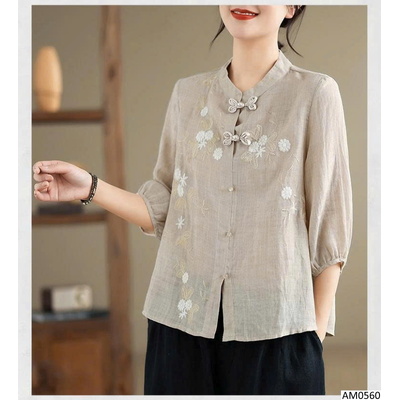 AM0560 ÁO SƠ MI CỔ ĐỨNG THÊU HOA CỔ ĐIỂN