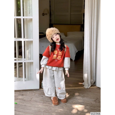 SG0366 SET ÁO NỈ HOẠT HÌNH MIX QUẦN CHẤM BI CHO BÉ