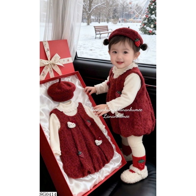 V8803 SET VÁY CHERRYCOCO PHỐI VỚI ÁO LEN KÈM MŨ