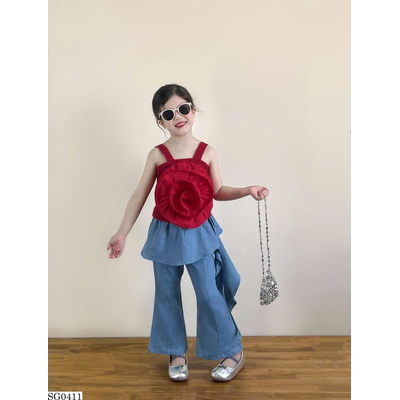 SG0411 SET ÁO 2 DÂY HOA ĐỎ PHỐI QUẦN JEANS KÈM RÈM  BG