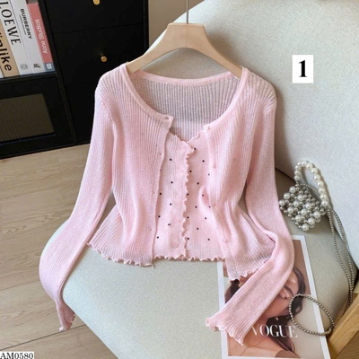 AM0580 SET ÁO CARDIGAN PHỐI ÁO 2 DÂY CHẤM BI NỮ