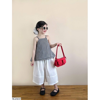 SG0410 SET ÁO 2 DÂY KẺ CARO MIX QUẦN ỐNG RỘNG BG