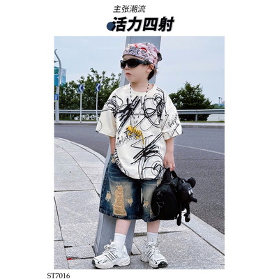 ST7016 SET ÁO THUN HỌA TIẾT MIX SHORT JEAN RÁCH
