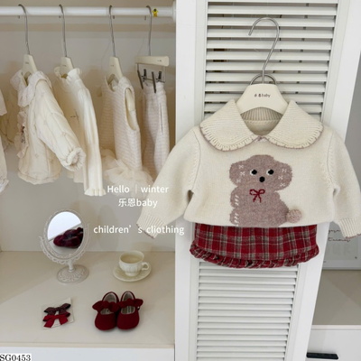 SG0453 ÁO LEN GẤU PHỐI VÁY KẺ CARO BG TBABY