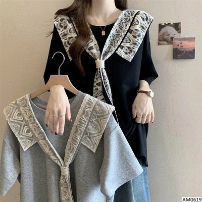 AM0619 ÁO THUN PHỐI CỔ REN DÁNG DÀI GIẤU QUẦN