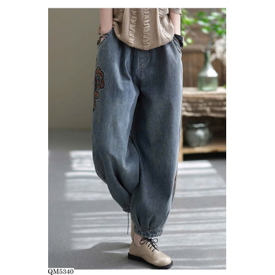 QM5340 QUẦN JEANS ỐNG BAGGY THÊU HỌA TIẾT CỔ ĐIỂN