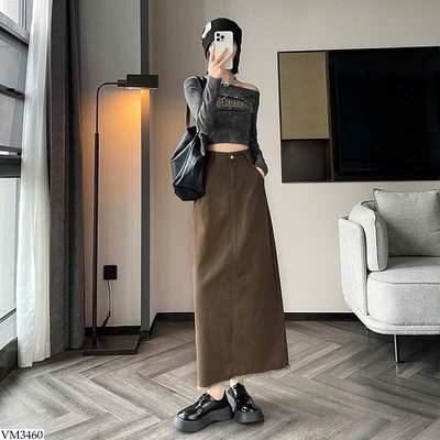 VM3460 CHÂN VÁY DENIM NÂU DÁNG DÀI