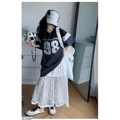 SG0489 SET ÁO THUN SỐ 98 MIX CHÂN VÁY REN DÀI