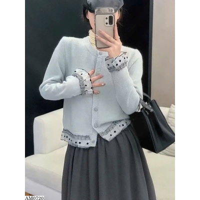 AM0720 ÁO LEN CỔ TRÒN VIỀN BÈO CHẤM BI ANNA