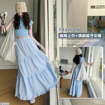 SG0502 SET ÁO CROPTOP PHỐI CHÂN VÁY CARO XANH DÀI BG