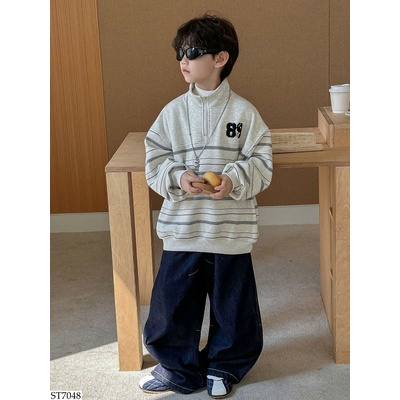 ST7048 ÁO NỈ KẺ SỐ 89 LÓT NỈ MIX JEANS SUÔNG