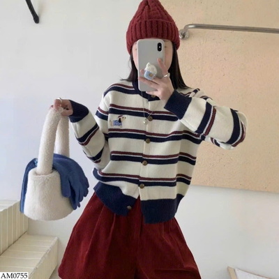AM0755 ÁO LEN CARDIGAN KẺ THÊU CÚN