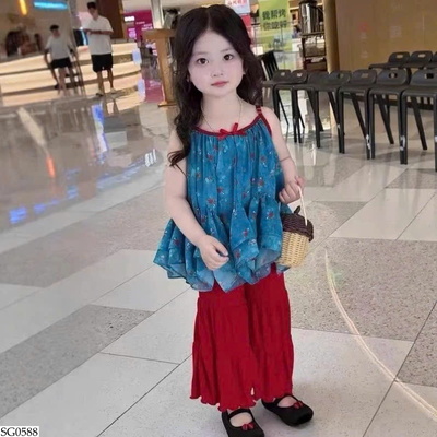 SG0588 SET ÁO 2 DÂY HOA MIX QUẦN ỐNG LOE