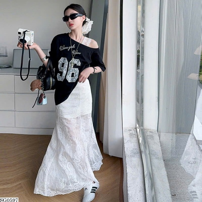 SG0597 SET ÁO TRỄ VAI PHỐI VÁY TRĂNG REN BG