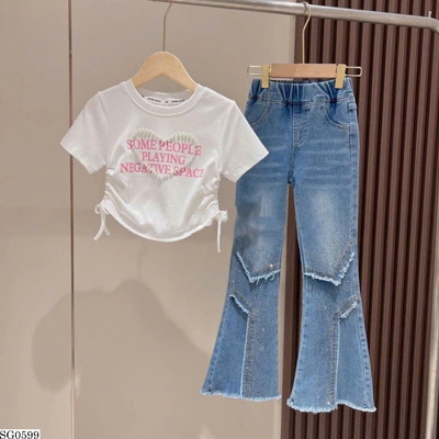 SG0599 SET ÁO CROPTOP TRÁI TIM PHỐI QUẦN JEANS ỐNG LOE
