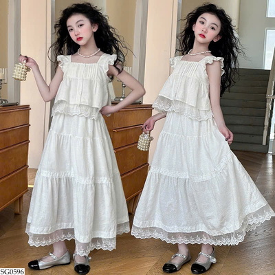 SG0596 SET VÁY PHỐI REN BG