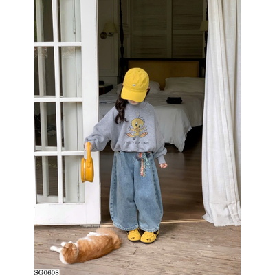 SG0608 SET ÁO NỈ CON VỊT PHỐI QUẦN JEANS ỐNG RỘNG