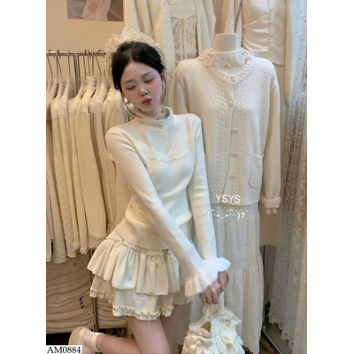 AM0884 ÁO LEN CỔ LÔNG PHỐI REN NỮ
