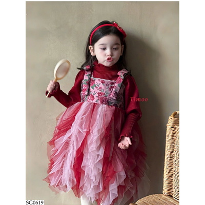 SG0619 SET ÁO LEN ĐỎ MIX VÁY HOA CÔNG CHÚA