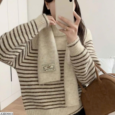 AM0903 ÁO LEN KẺ SỌC KÈM KHĂN NỮ