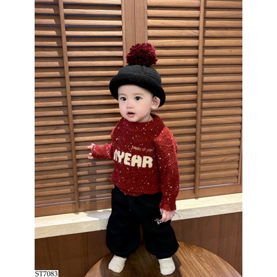 ST7083 SET ÁO LEN ĐỎ MIX QUẦN BO GẤU