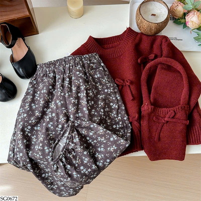 SG0672 SET ÁO LEN NƠ KÈM TÚI MIX QUẦN HOA NHÍ