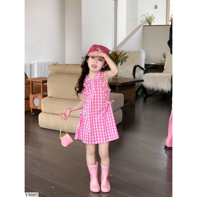 V8885 VÁY KẺ CARO RÚT EO CHO BÉ
