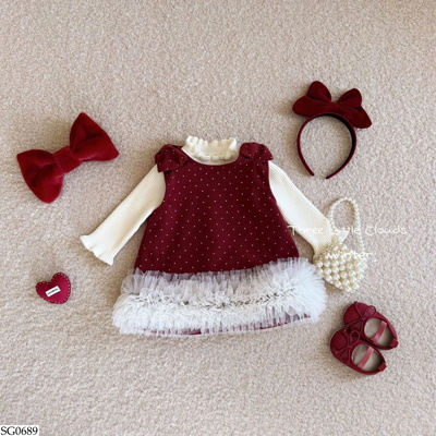 SG0689 SET ÁO LEN MIX VÁY CHẤM BI BG