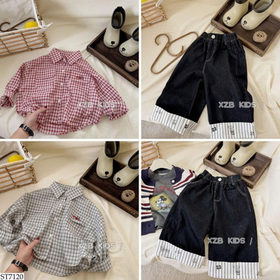 ST7120 ÁO SƠ MI KẺ TÚI THÊU XE MIX QUẦN JEAN CHO BÉ