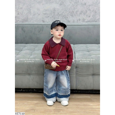 ST7110 SET ÁO POLO LEN KẺ MIX QUẦN JEAN BT