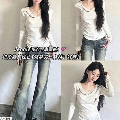 AM1011 ÁO THUN DÀI TAY CỔ V HỌA TIẾT NƠ 