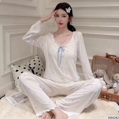 SM4282  BỘ PIJAMA THUN MỎNG PHỐI REN HOA NHÍ