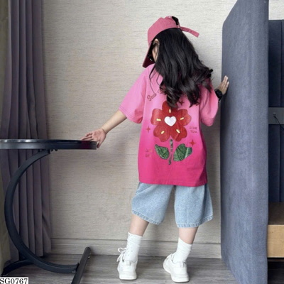 SG0767 SET ÁO HOA HỒNG LOANG MIX SHORT JEANS
