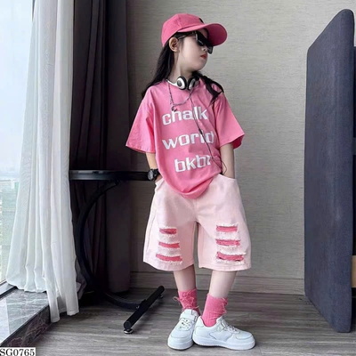 SG0765 SET ÁO THUN CHỮ MIX SHORT RÁCH CÁ TÍNH